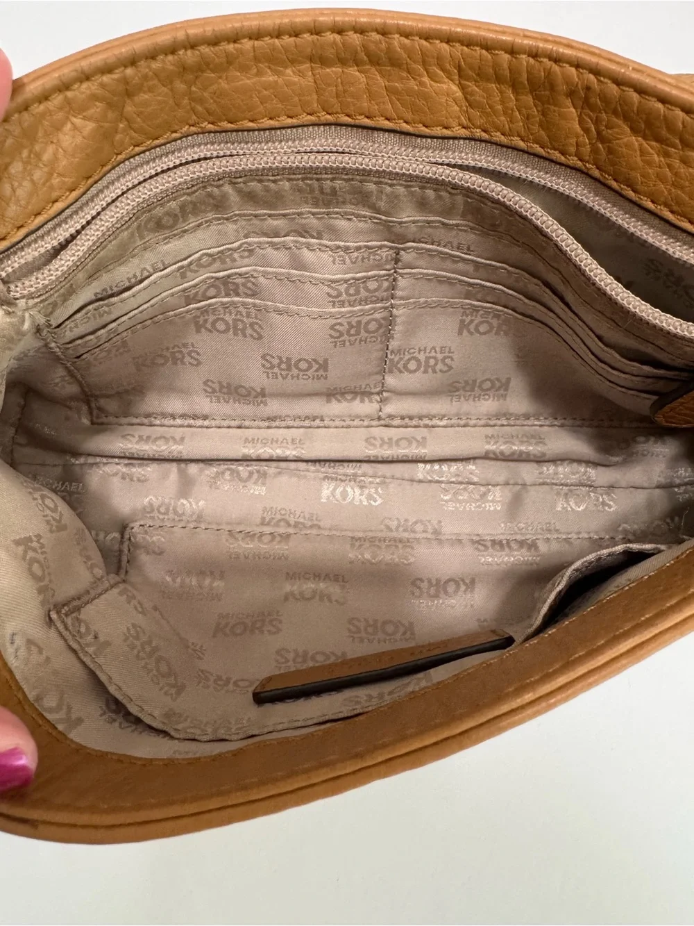 Michael Kors Fulton 38S3XFTF1L Tan Pebbled Leather Small Flap Chain Shoulder Bag